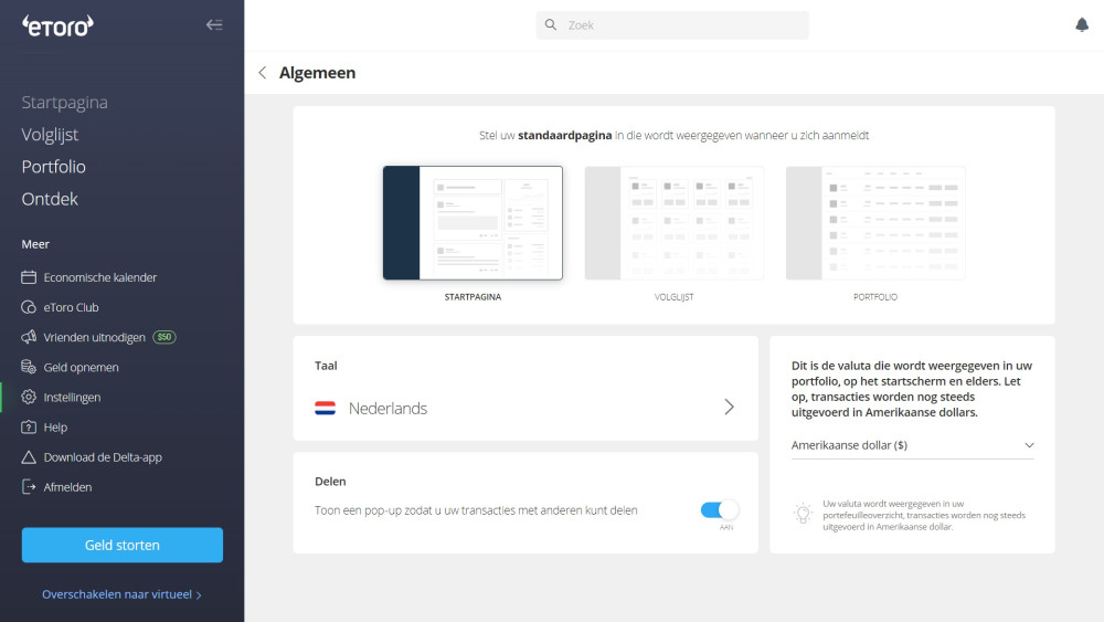 Changing eToro platform language to Dutch